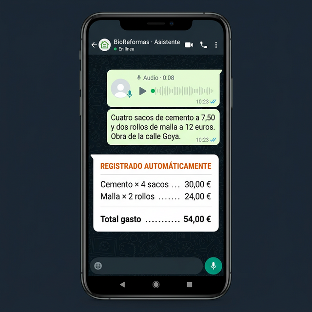 Chat de WhatsApp con BioReformas Asistente mostrando el registro automático de materiales